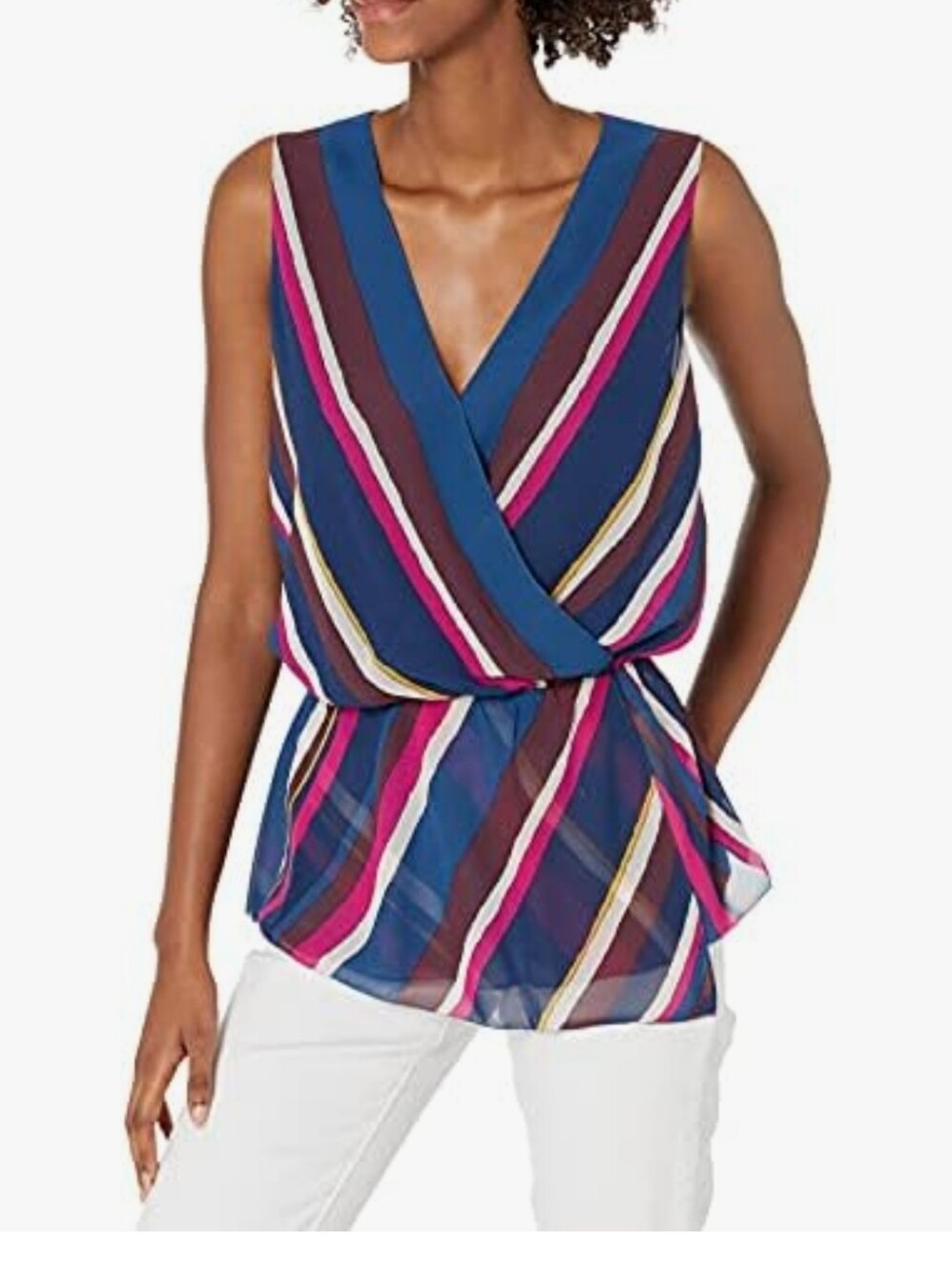 Trina Turk Sleeveless Wrap Blouse in Blue, Pink and Burgundy